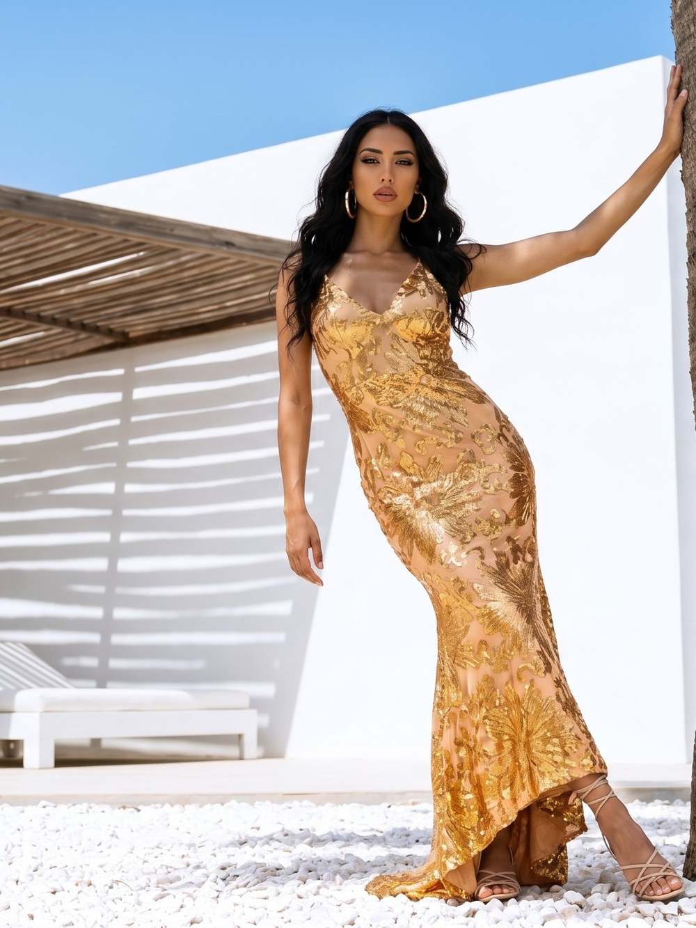 Gold Sequin V-Neck Evening Dress - Women